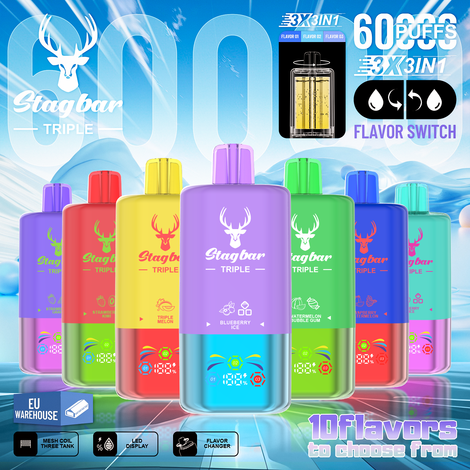Stag Bar Triple 3 Flavors in 1 Vape 60K 60000 Puffs 20K Stagbar Wholesale I Vape Disposable Electronic Cigarette 80K 100K Shisha Vape Spain Germany Warehouse