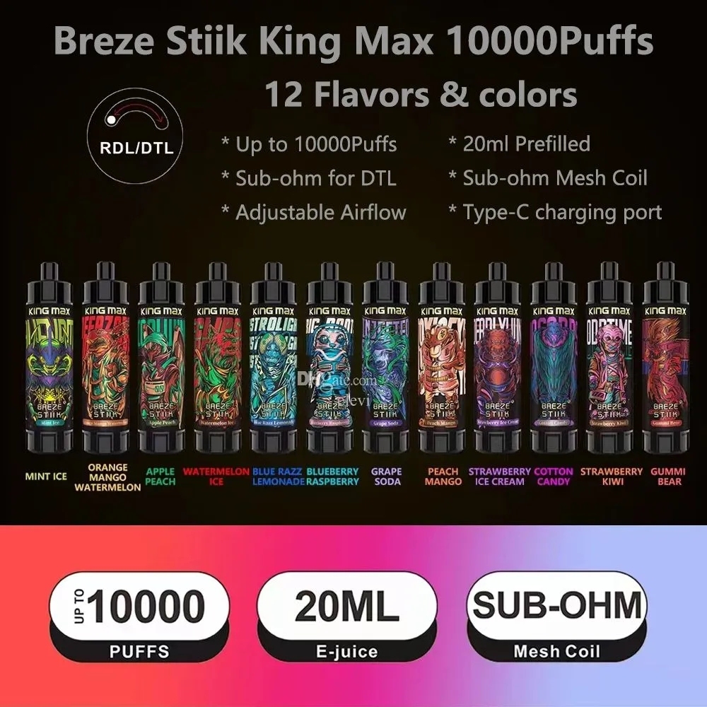 100% Original Breze Stiik King max 10000 Puffs 1OK Pods 20ml Pods With Rechargeable 850mah Rechargable Battery10k Disposable Vape Pen Pod Ecigs-Ecloudvaping