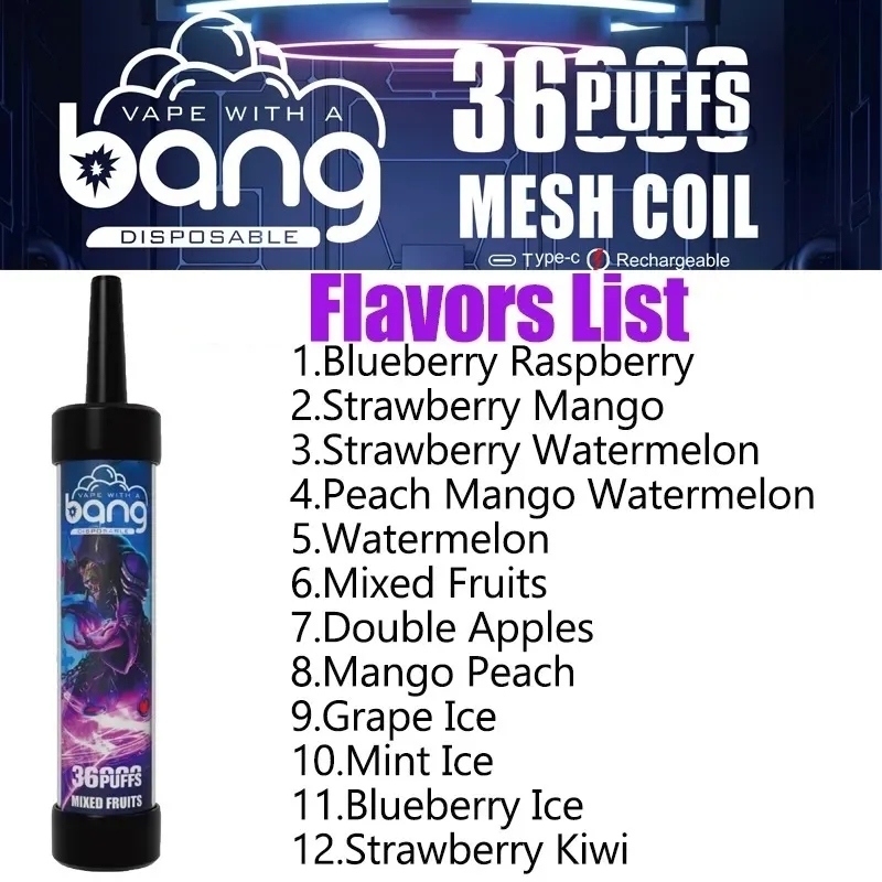 Original bang puff 36000 disposable vapes Rechargeable E Cigarettes Mesh Coil 40ML E-liquid puff 36k vaper 0%2%3%5% LED color light vaper vs 20000 puff 36k puff 30k -Ecloudvaping
