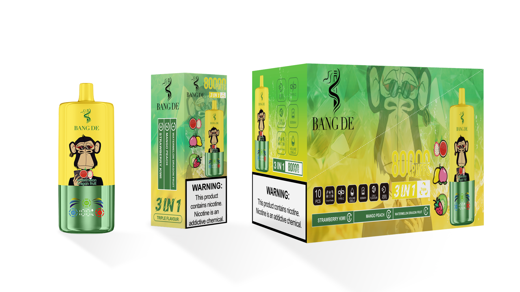 Bang De 80000 Puff Triple 3 in 1 Flavors Rechargeable Disposable Electronic Cigarette Multiple Fruit Flavors Vapor Smoke Vape Crystal Wape Sweet E Puff Tornado