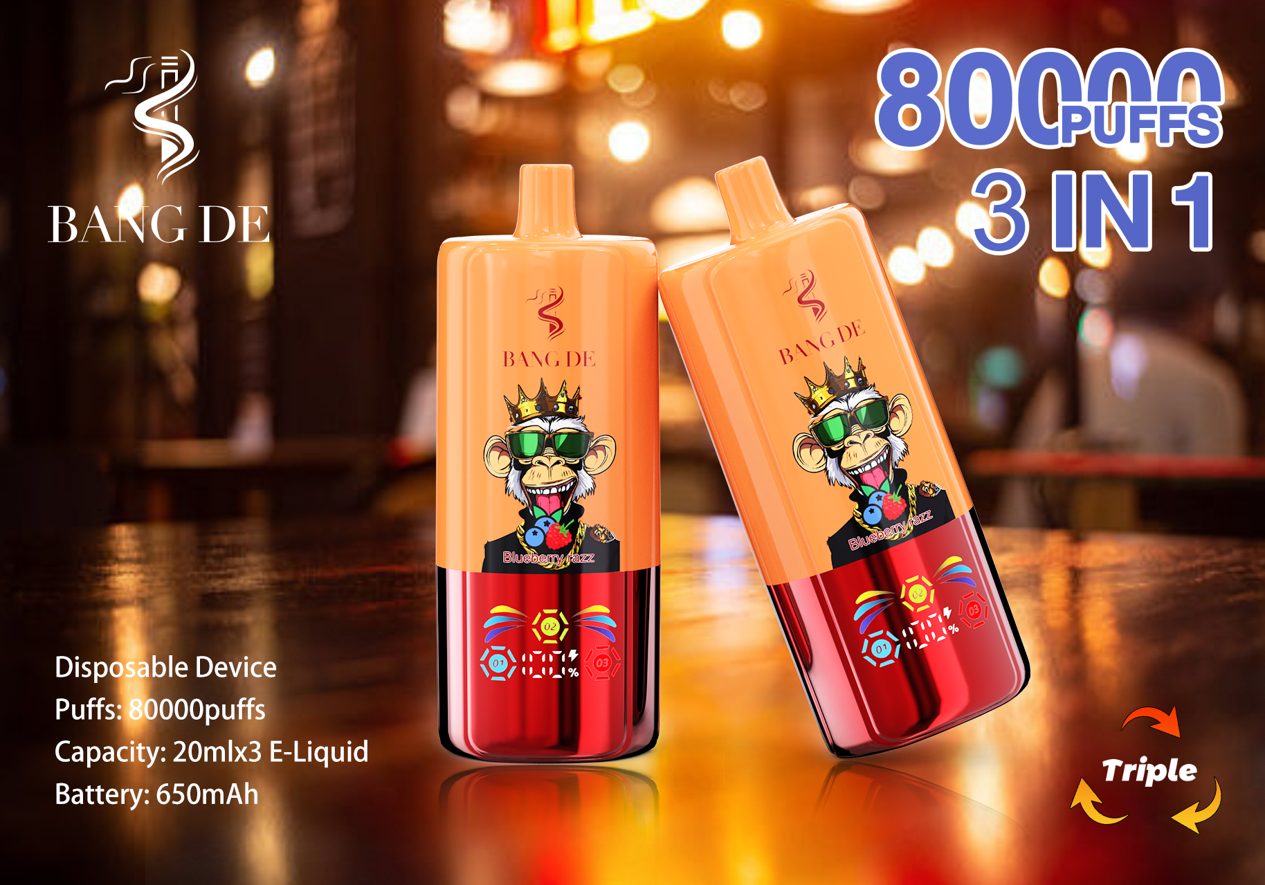 Bang De 80000 Puff Triple 3 in 1 Flavors Rechargeable Disposable Electronic Cigarette Multiple Fruit Flavors Vapor Smoke Vape Crystal Wape Sweet E Puff Tornado