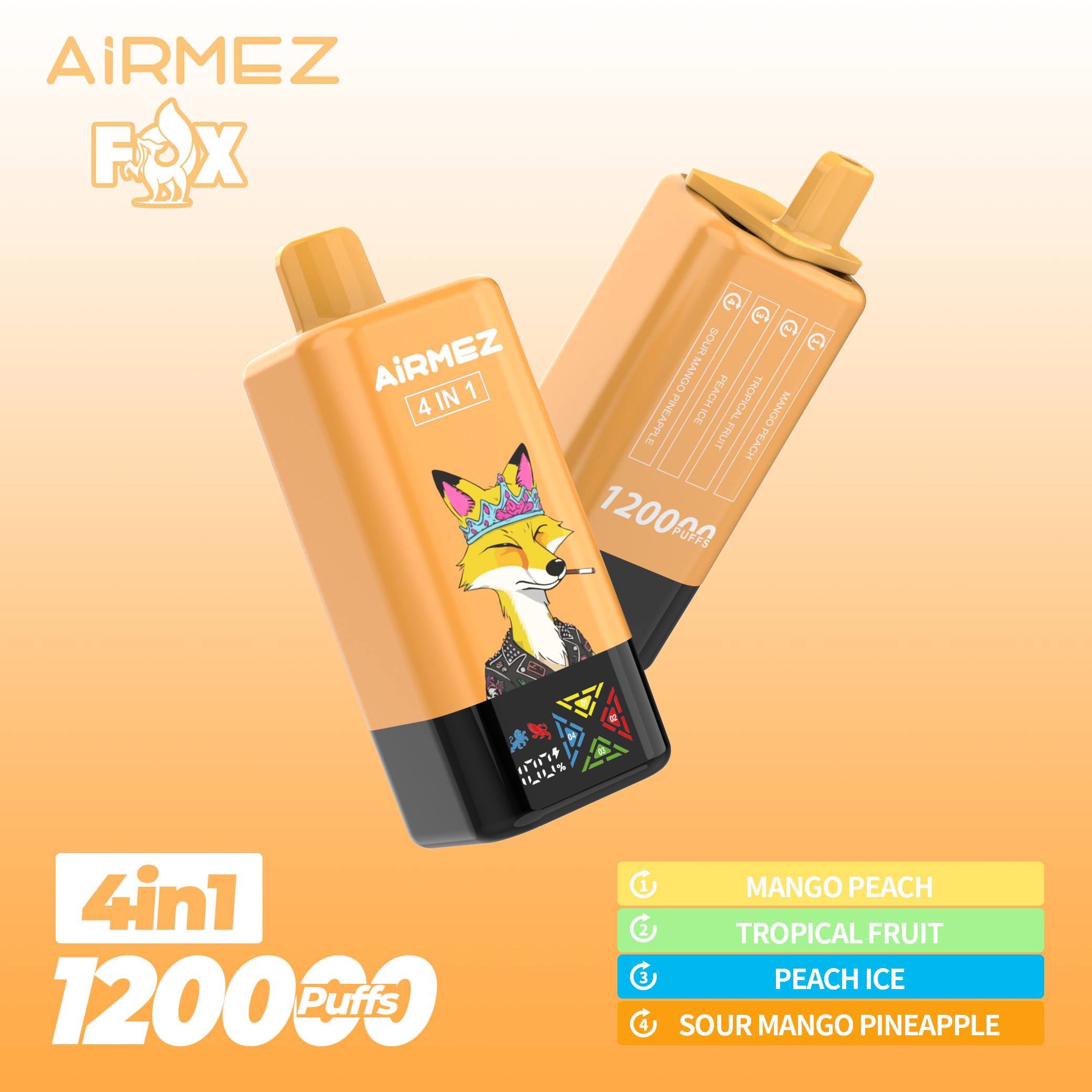 Airmez 120000 Puff 120K Puffs 100000 Puff Triple Flavors 4 In1 Vaper Airmez Fox 120000 Puffs 85K 50K Disposable Vape Big Screen Vape