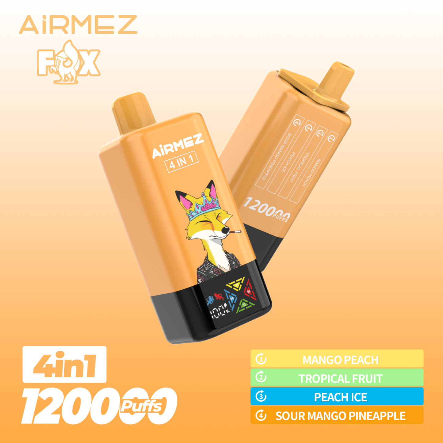 Airmez 120000 Puff 120K Puffs 100000 Puff Triple Flavors 4 In1 Vaper Airmez Fox 120000 Puffs 85K 50K Disposable Vape Big Screen Vape