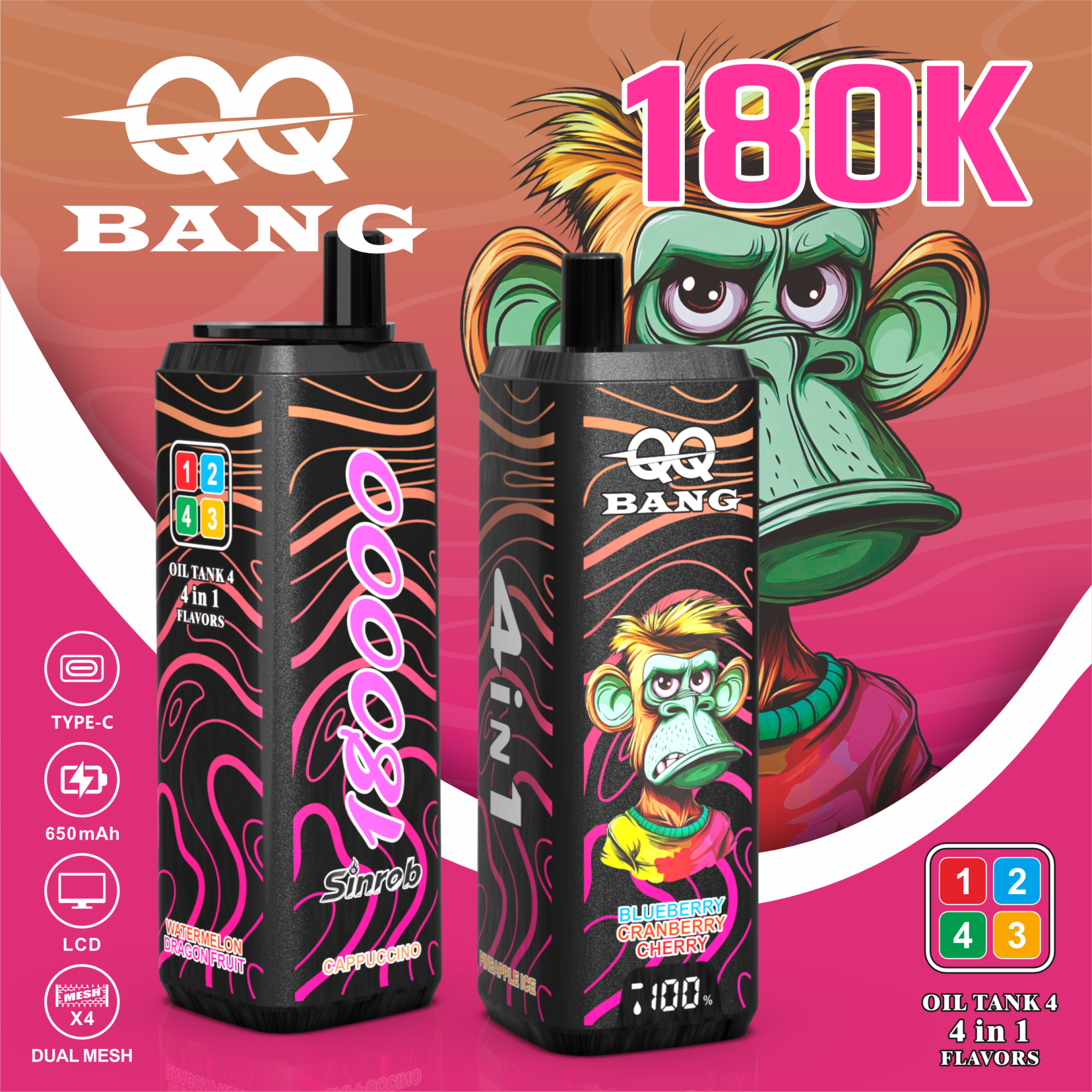 QQ Bang 180000 Puff 12 Flavors 4 in 1 Electronic Cigarette Disposable Vape Pod Disposable Vape Best Vape Disposable Vape 200K 300K Bang Ecigs Spain Germany
