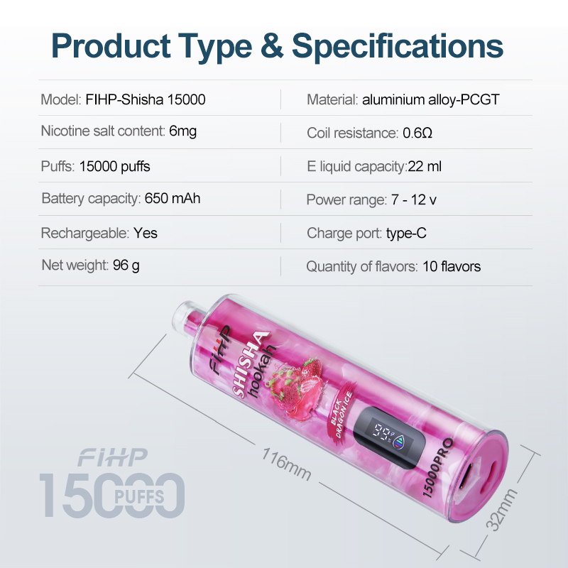 Original Fihp Shisha Hookah 15000PRO Mesh Coil 6mg Nicotine Puff 15K Wholesale E Cigarettes Pocket Hookah
