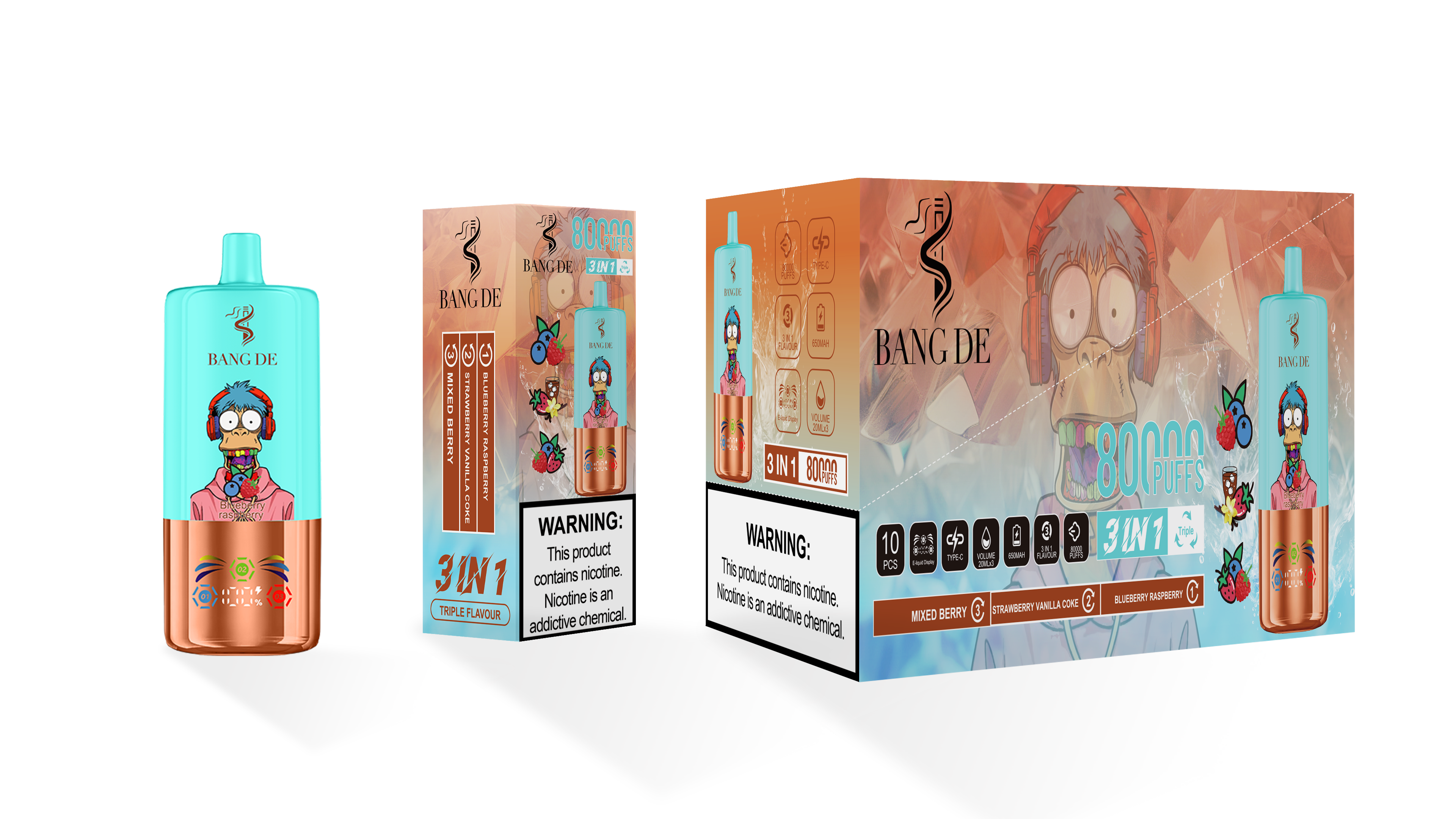 Bang De 80000 Puff Triple 3 in 1 Flavors Rechargeable Disposable Electronic Cigarette Multiple Fruit Flavors Vapor Smoke Vape Crystal Wape Sweet E Puff Tornado