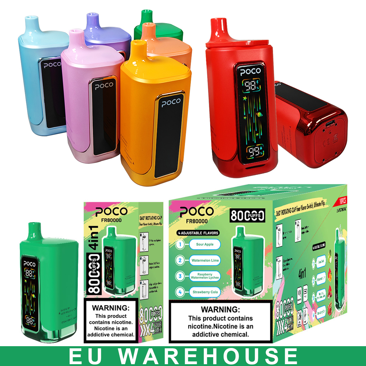 Poco Fr 80000 Puffs Germany EU Warehouse Vape Pen E Liquid Vaper 25K 30K 50K 60K 80K Disposable Electronic Cigarette Wholesale