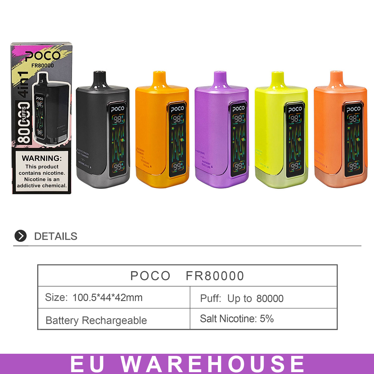 Poco Fr 80000 Puffs Germany EU Warehouse Vape Pen E Liquid Vaper 25K 30K 50K 60K 80K Disposable Electronic Cigarette Wholesale