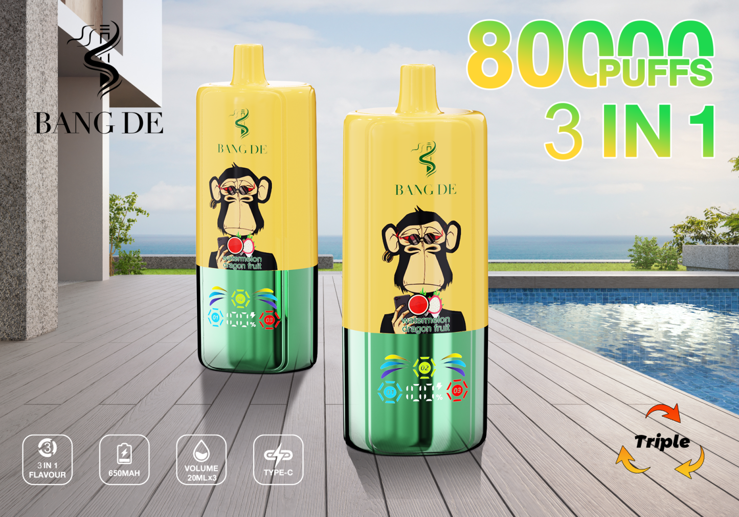 Bang De 80000 Puff Triple 3 in 1 Flavors Rechargeable Disposable Electronic Cigarette Multiple Fruit Flavors Vapor Smoke Vape Crystal Wape Sweet E Puff Tornado