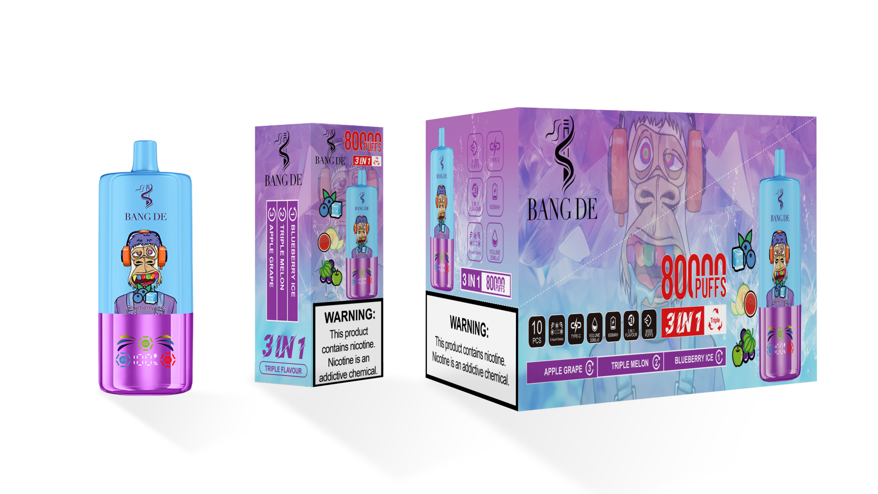 Bang De 80000 Puff Triple 3 in 1 Flavors Rechargeable Disposable Electronic Cigarette Multiple Fruit Flavors Vapor Smoke Vape Crystal Wape Sweet E Puff Tornado