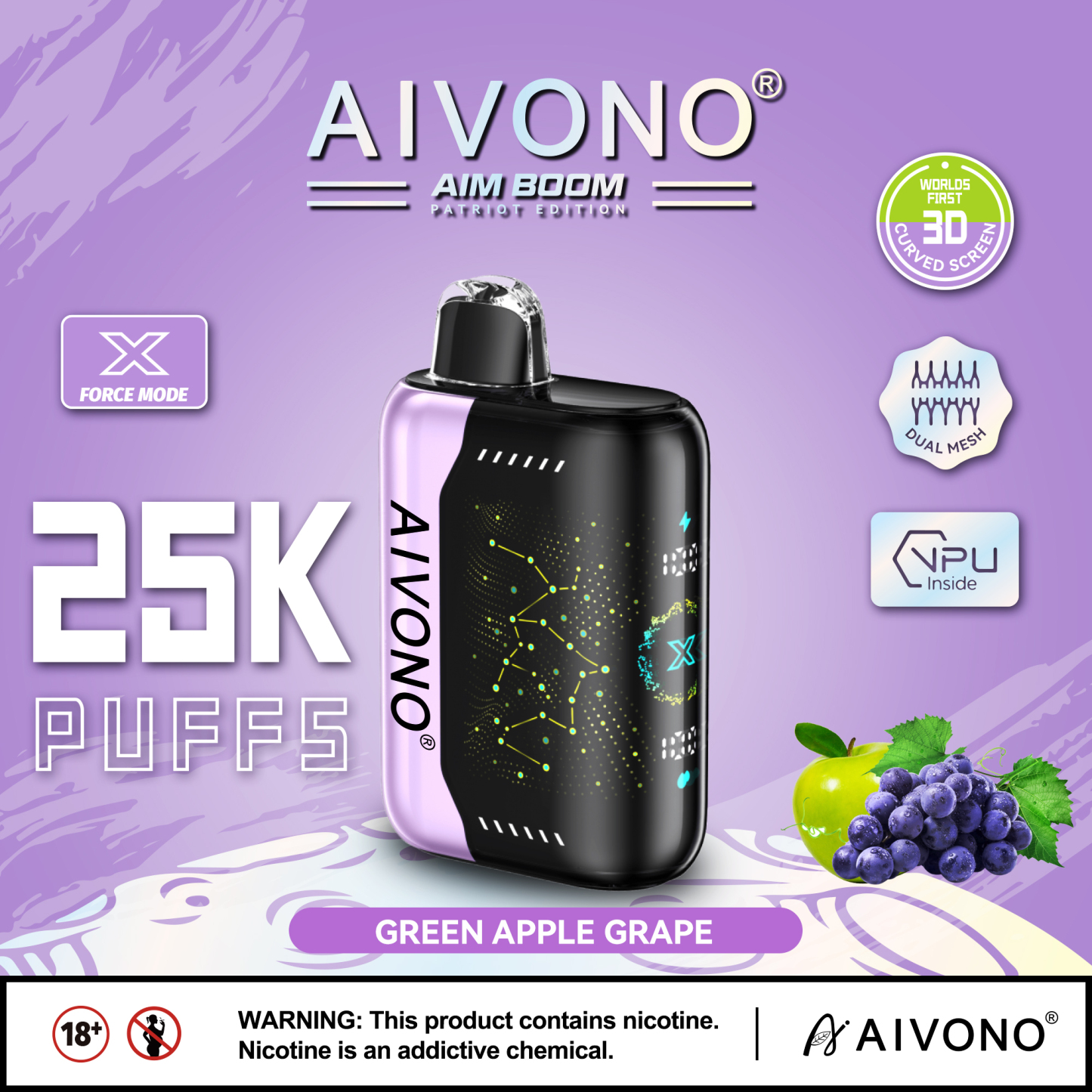 Original Aivono Aim Boom 25000 Puffs Nicotine Salt Content: 5% /3%/2%/0% Disposable Electronic Cigarette Fruit Flavor Latest Starry Screen Factory