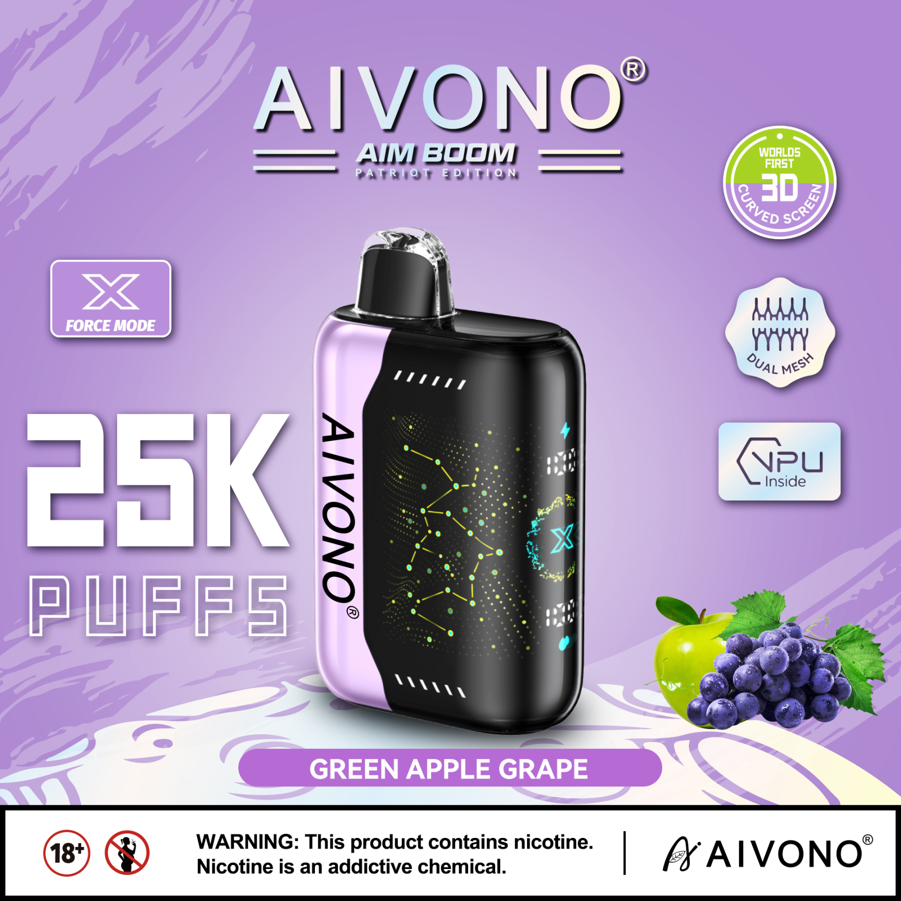 Original Aivono Aim Boom 25000 Puffs Nicotine Salt Content: 5% /3%/2%/0% Disposable Electronic Cigarette Fruit Flavor Latest Starry Screen Factory