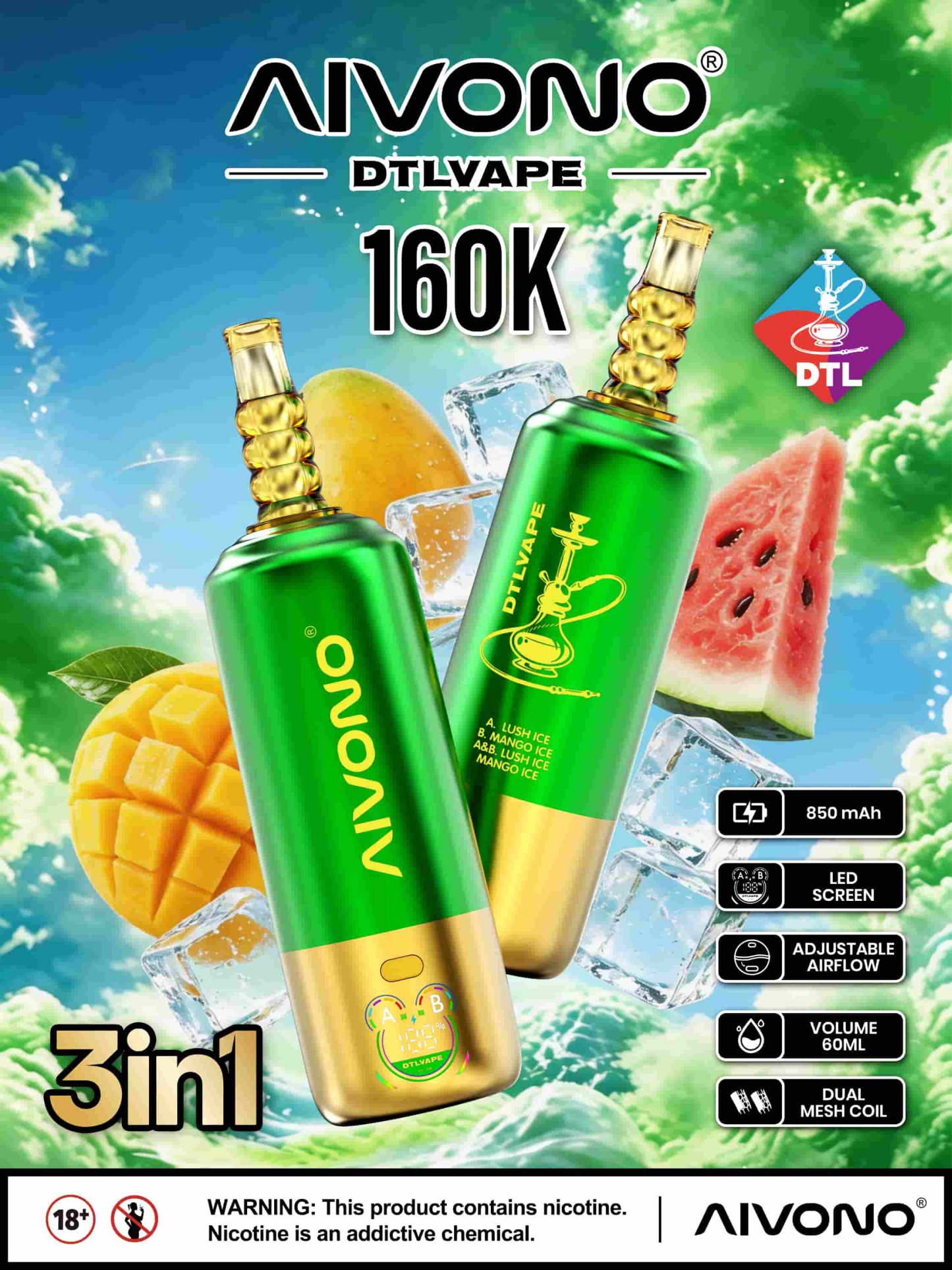 AIVONO AVN DTLVAPE 3IN1 160k Disposable Vape