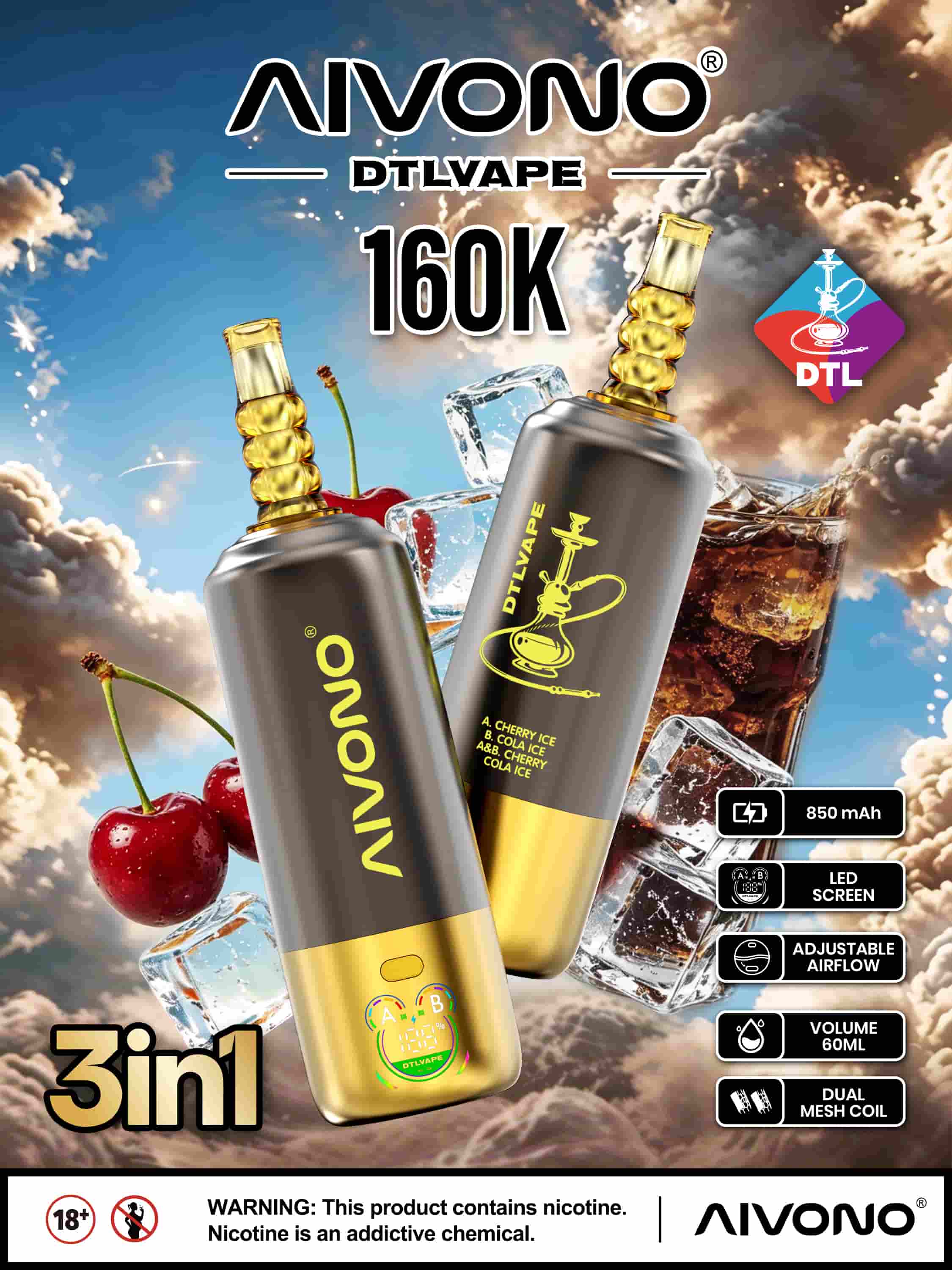 AIVONO AVN DTLVAPE 3IN1 160k Disposable Vape