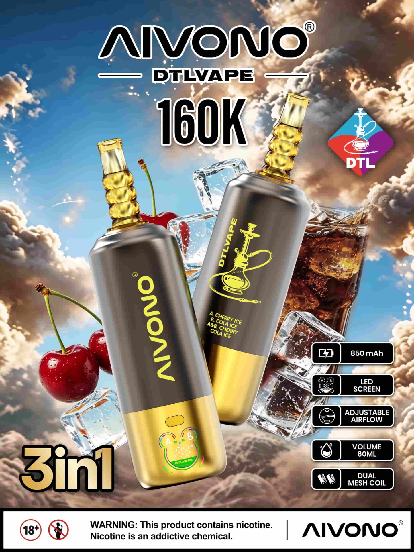 AIVONO AVN DTLVAPE 3IN1 160k Disposable Vape