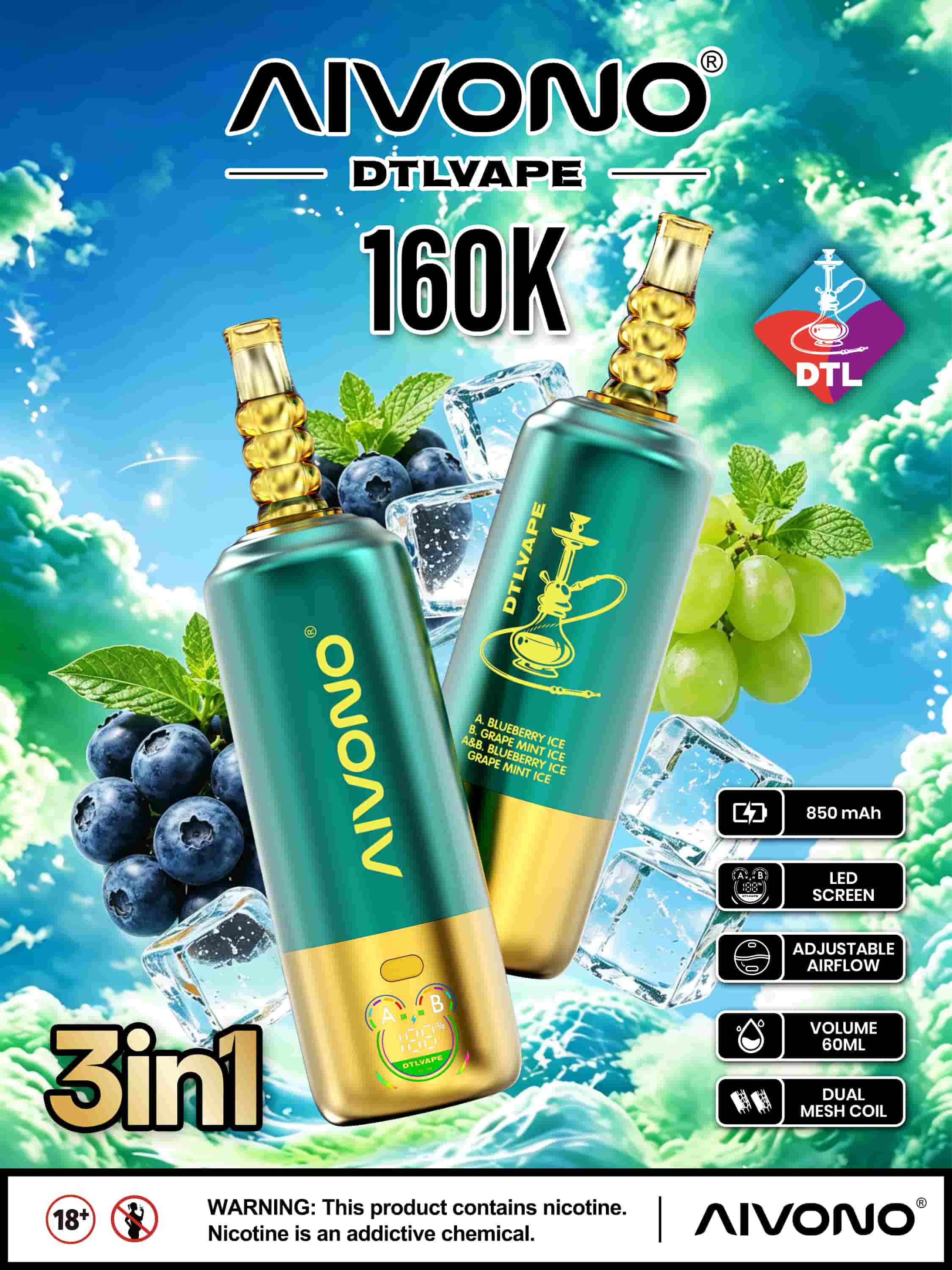 AIVONO AVN DTLVAPE 3IN1 160k Disposable Vape
