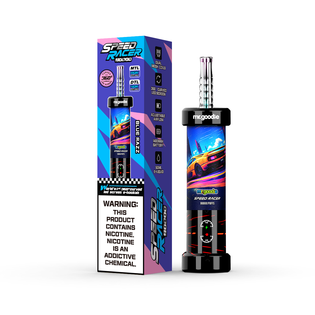 Mr.Goodie Speed Racer 80000 Puffs 80K 3D Curved LED Screen 10 Flavor 50ml E-Liquid Dual Mesh Coil Airflow Adjustable 1400mAh Battery Disposable I Vape
