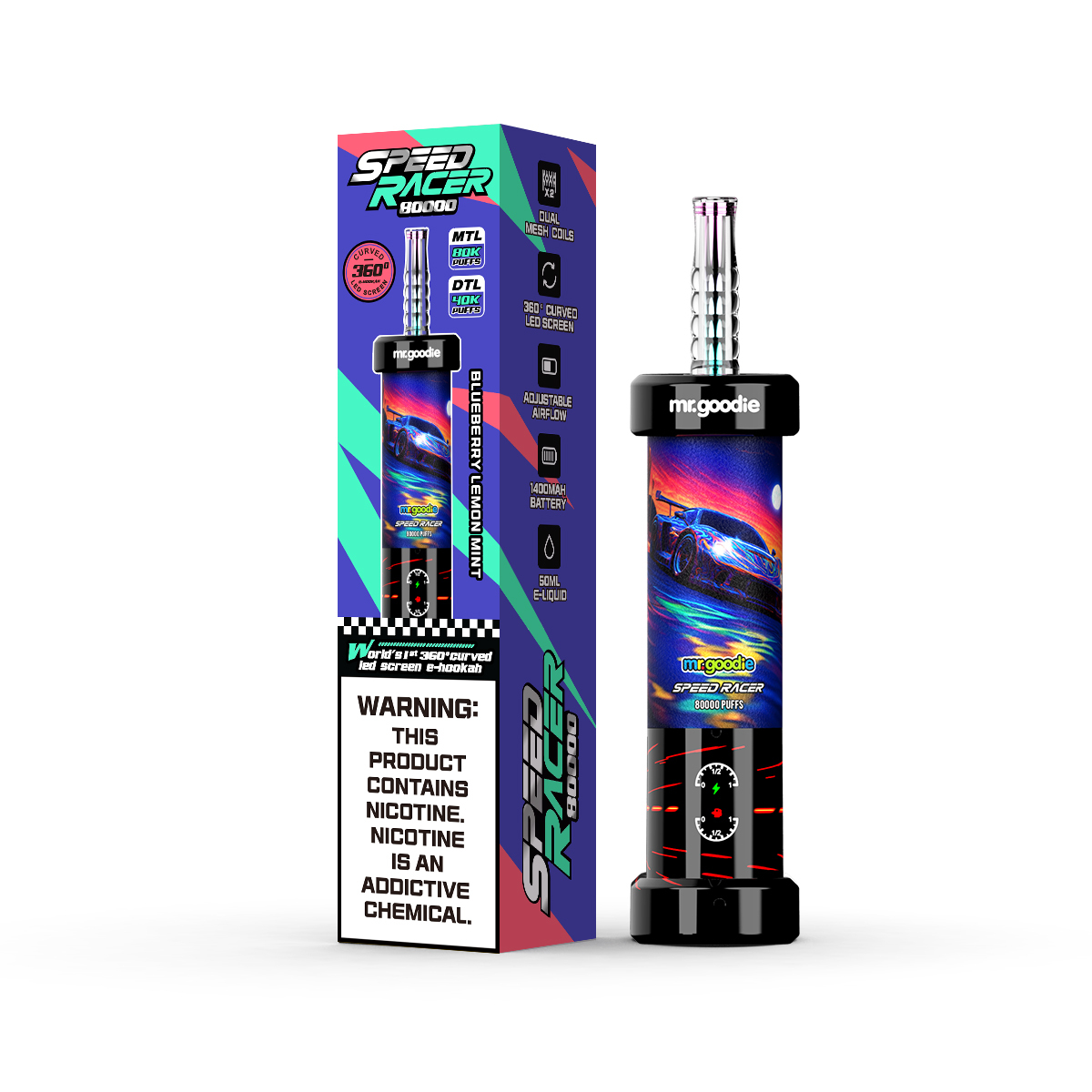 Mr.Goodie Speed Racer 80000 Puffs 80K 3D Curved LED Screen 10 Flavor 50ml E-Liquid Dual Mesh Coil Airflow Adjustable 1400mAh Battery Disposable I Vape