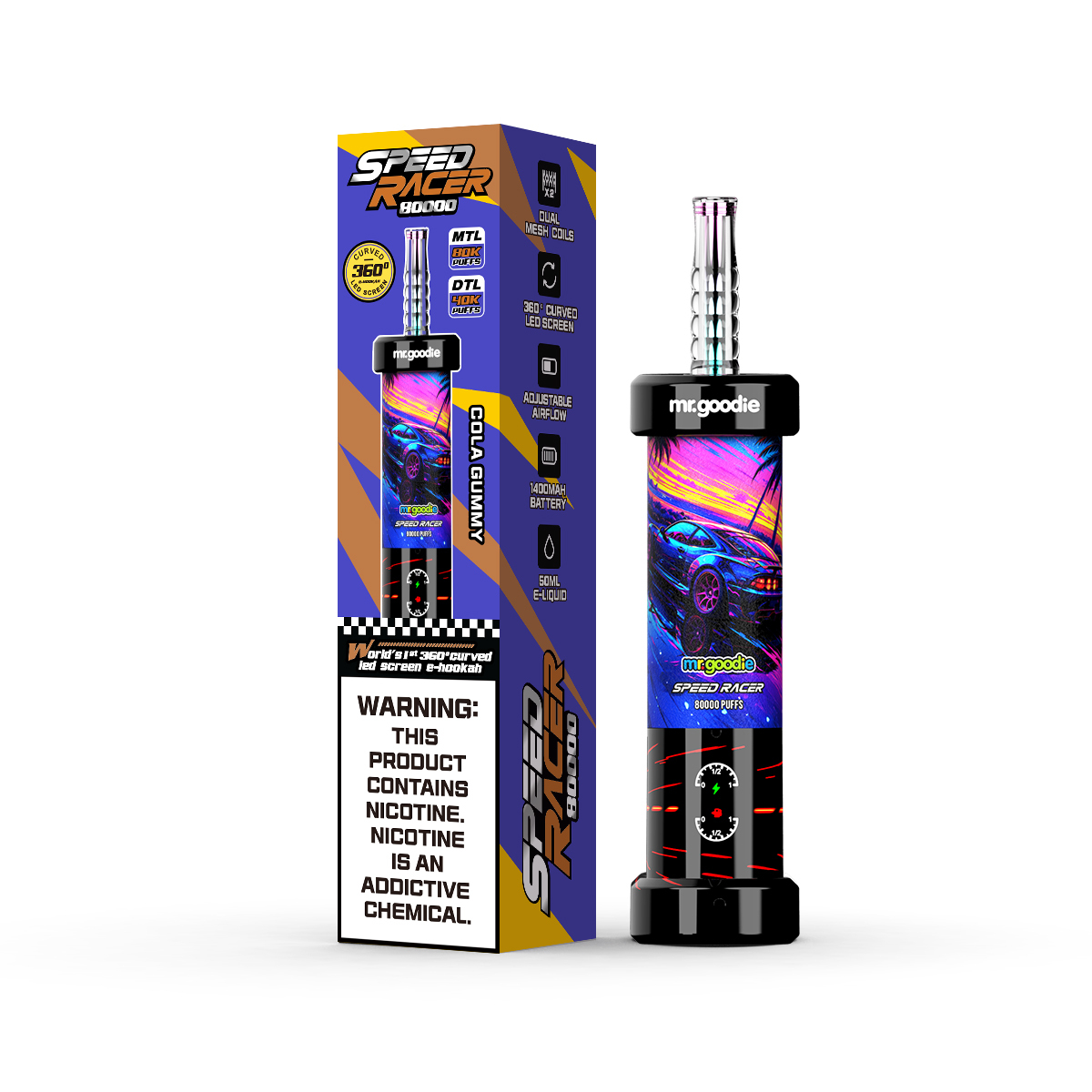 Mr.Goodie Speed Racer 80000 Puffs 80K 3D Curved LED Screen 10 Flavor 50ml E-Liquid Dual Mesh Coil Airflow Adjustable 1400mAh Battery Disposable I Vape