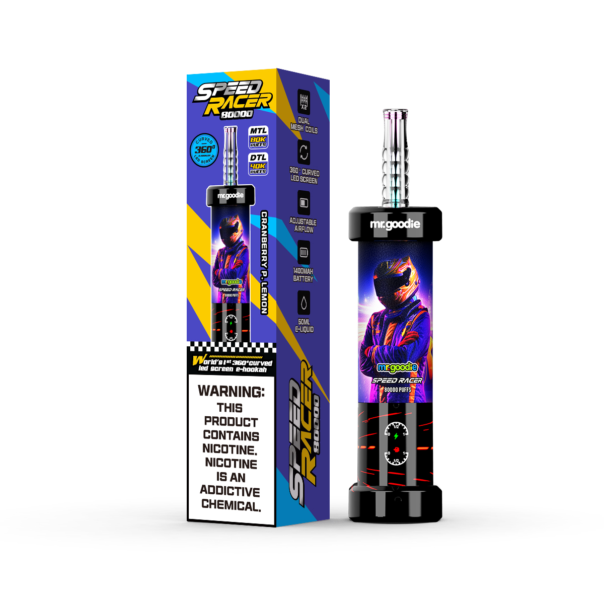 Mr.Goodie Speed Racer 80000 Puffs 80K 3D Curved LED Screen 10 Flavor 50ml E-Liquid Dual Mesh Coil Airflow Adjustable 1400mAh Battery Disposable I Vape