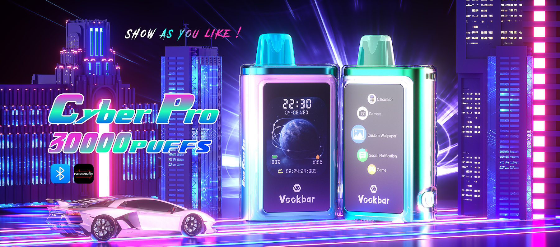  Vookbar Cyber PRO 30000 Puffs Vape 30KDual Mesh Coil Bluetooth Touch Display Screen E-Cig Fruit Flavor 0%/2%3%/5% Vape Pen