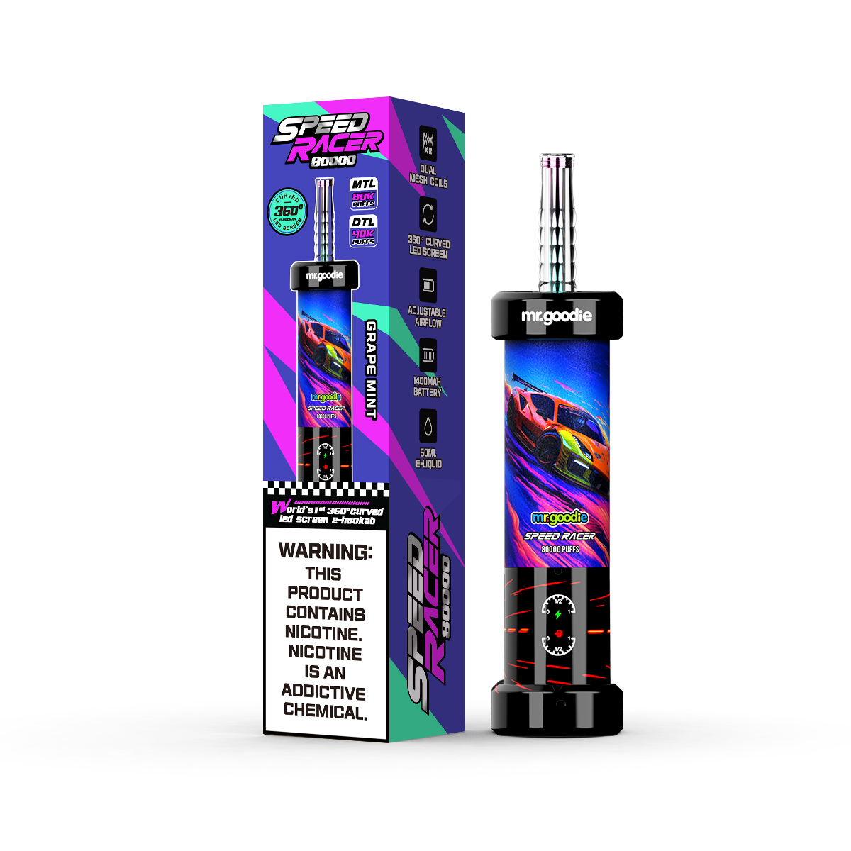 Mr.Goodie Speed Racer 80000 Puffs 80K 3D Curved LED Screen 10 Flavor 50ml E-Liquid Dual Mesh Coil Airflow Adjustable 1400mAh Battery Disposable I Vape