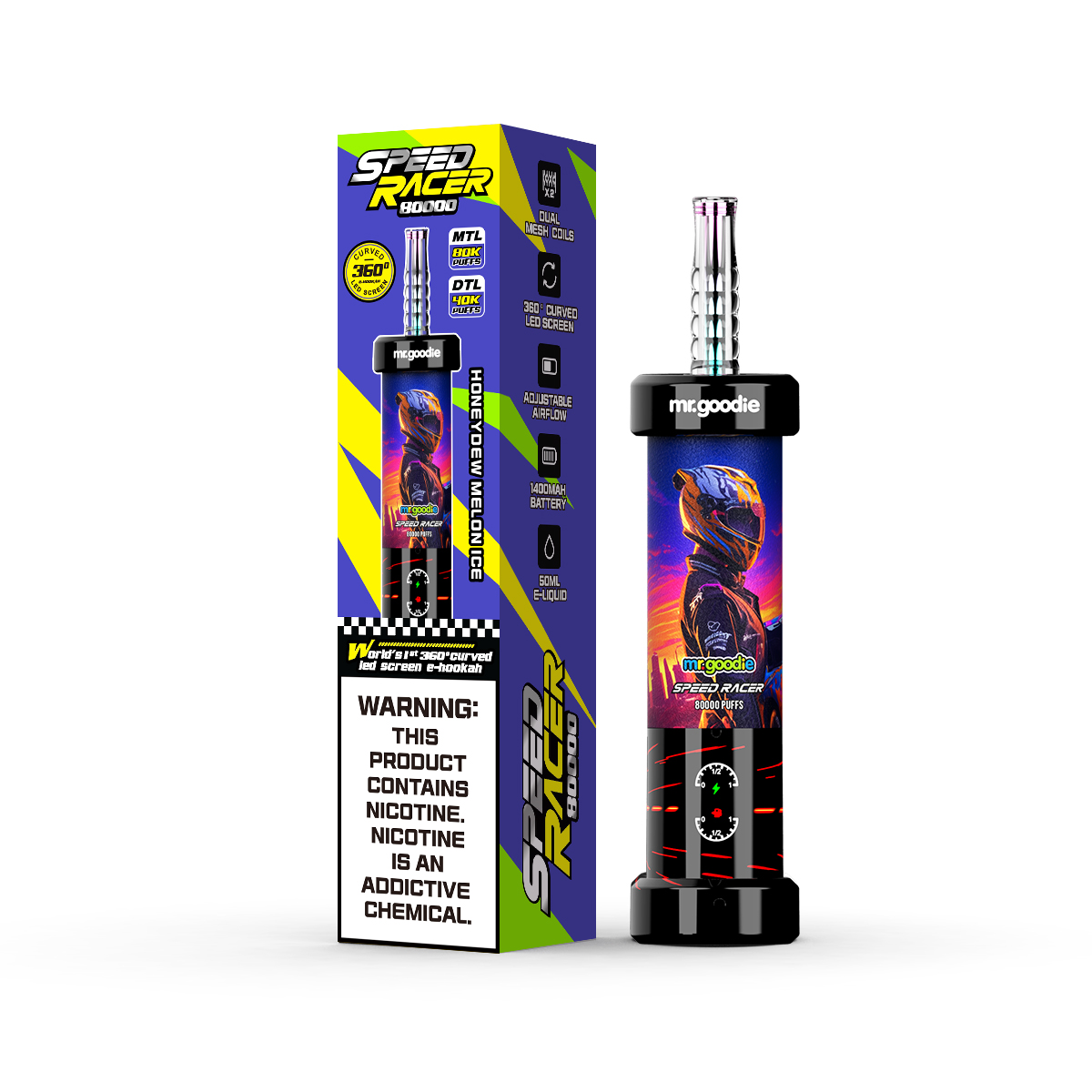 Mr.Goodie Speed Racer 80000 Puffs 80K 3D Curved LED Screen 10 Flavor 50ml E-Liquid Dual Mesh Coil Airflow Adjustable 1400mAh Battery Disposable I Vape