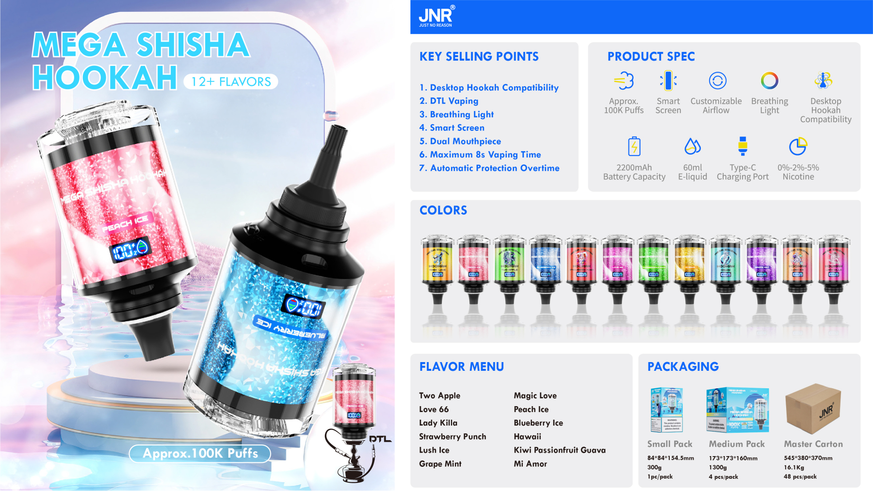 Jnr Mega Shisha Hookah 100000 Puffs 100K Vape Desktop Hookah Compatibility 12 Flavors to Breathing Light Customizable Airflow
