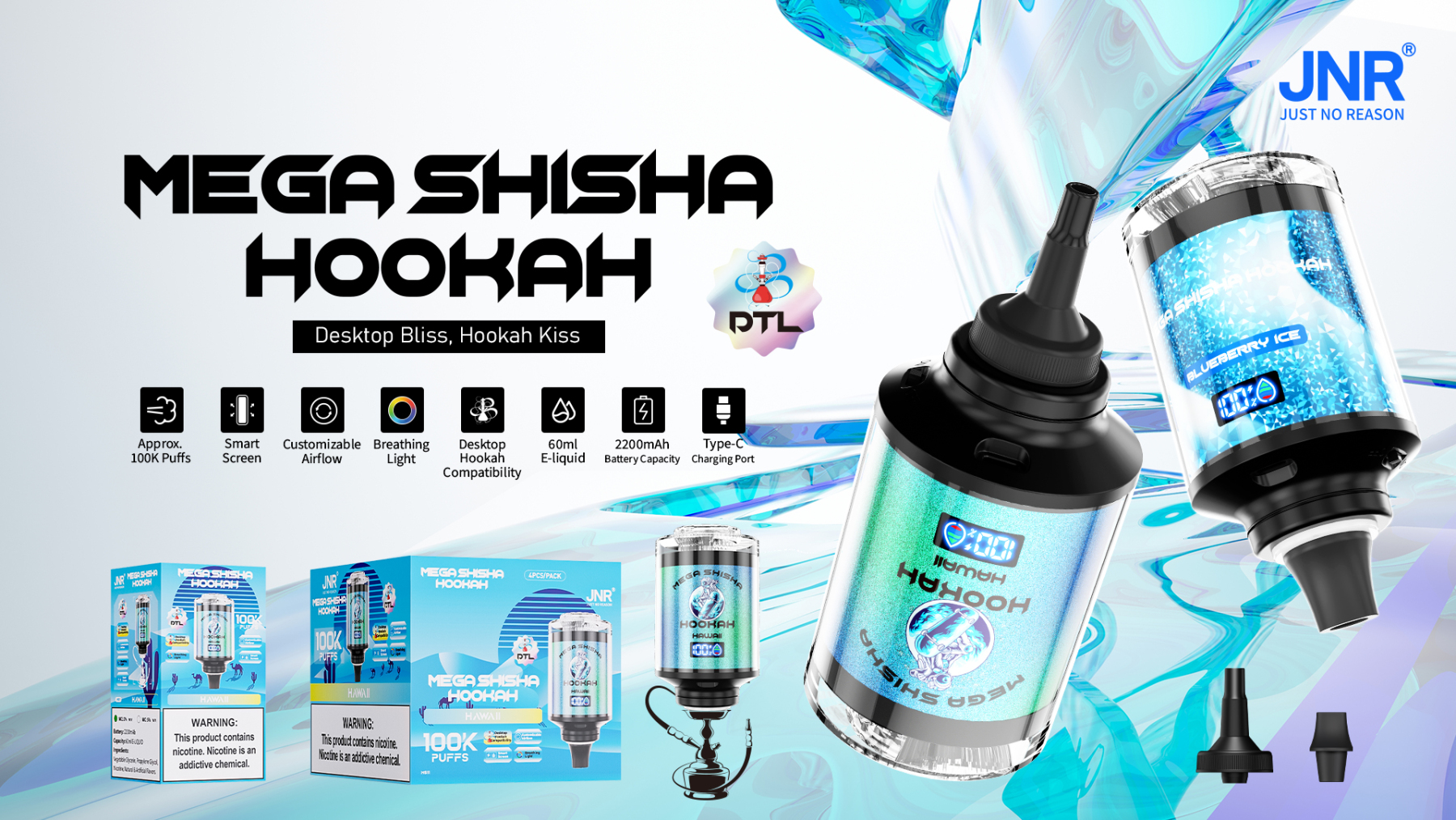 Jnr Mega Shisha Hookah 100000 Puffs 100K Vape Desktop Hookah Compatibility 12 Flavors to Breathing Light Customizable Airflow