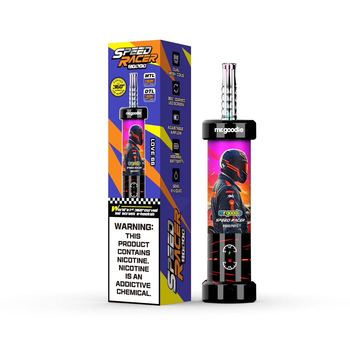 Mr.Goodie Speed Racer 80000 Puffs 80K 3D Curved LED Screen 10 Flavor 50ml E-Liquid Dual Mesh Coil Airflow Adjustable 1400mAh Battery Disposable I Vape