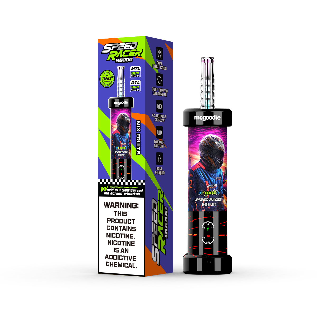 Mr.Goodie Speed Racer 80000 Puffs 80K 3D Curved LED Screen 10 Flavor 50ml E-Liquid Dual Mesh Coil Airflow Adjustable 1400mAh Battery Disposable I Vape