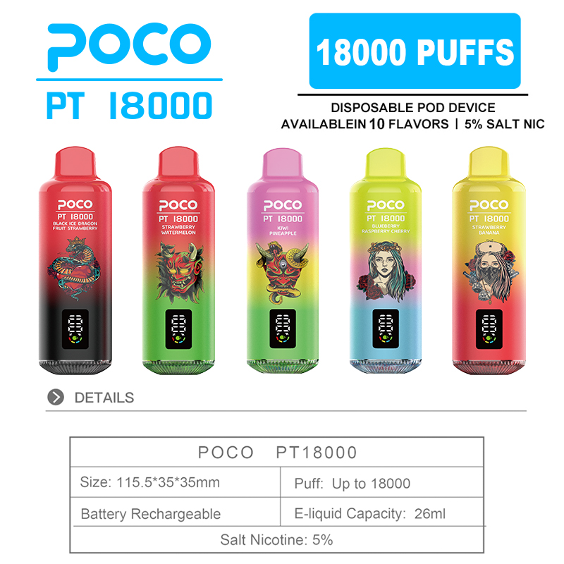 EU Warehouse Poco PT18000 Puffs 18000 Vapers Disposable Vape Pen E Cigarette Puff 18K Vape with Display Screen Wholesale Cigarette
