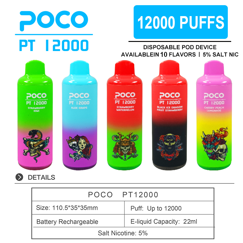 EU USA Warehouse Original POCO PT12000  Disposable 650mah Vape Electronic Cigarette Vape Pen Rechargeable Airflow Adjustable 22ml 10 Flaovrs-Ecloudvaping