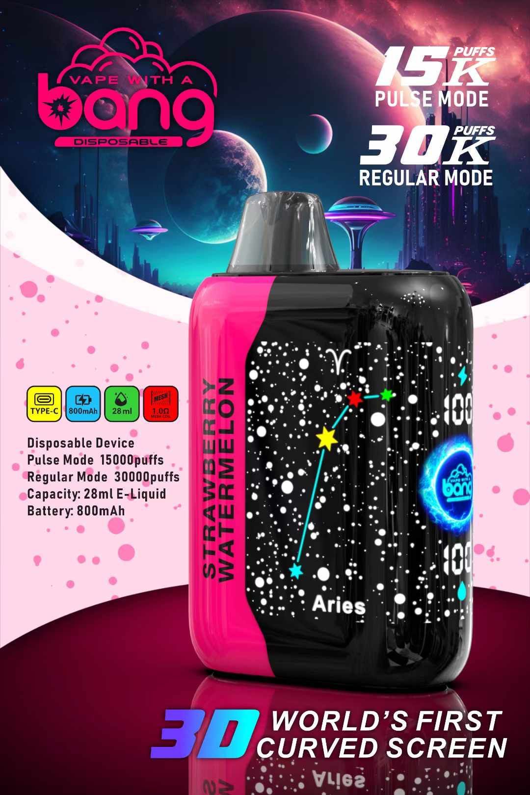 Original Bang 15K 30K Puffs Smart Screen Disposable Vape Dual Mesh Coil 28ml Fruit Flavors 800mah Electronic Cigarette Wholesale Shisha Vape Bar Waspe Vaper Box