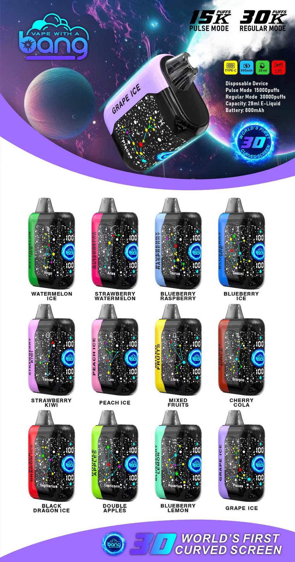 Original Bang 15K 30K Puffs Smart Screen Disposable Vape Dual Mesh Coil 28ml Fruit Flavors 800mah Electronic Cigarette Wholesale Shisha Vape Bar Waspe Vaper Box