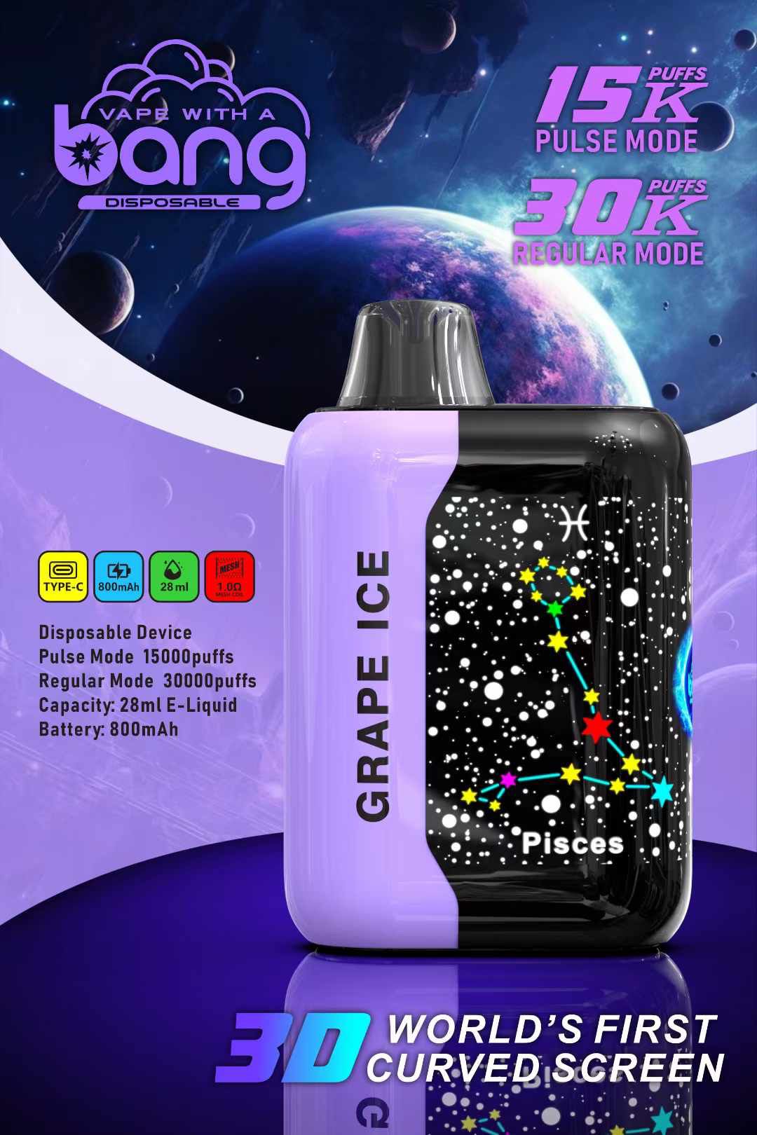 Original Bang 15K 30K Puffs Smart Screen Disposable Vape Dual Mesh Coil 28ml Fruit Flavors 800mah Electronic Cigarette Wholesale Shisha Vape Bar Waspe Vaper Box-Ecloudvaping