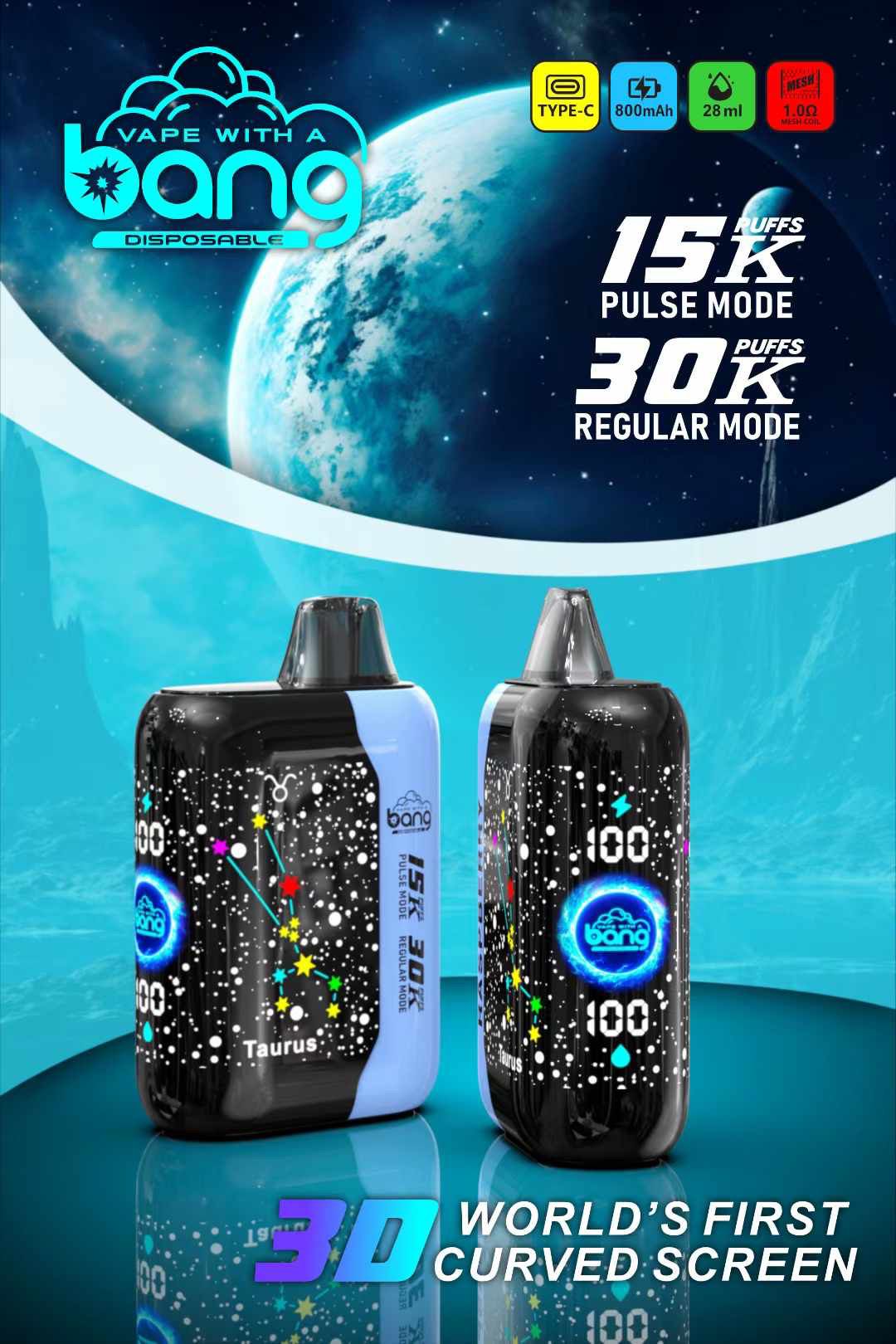 Original Bang 15K 30K Puffs Smart Screen Disposable Vape Dual Mesh Coil 28ml Fruit Flavors 800mah Electronic Cigarette Wholesale Shisha Vape Bar Waspe Vaper Box