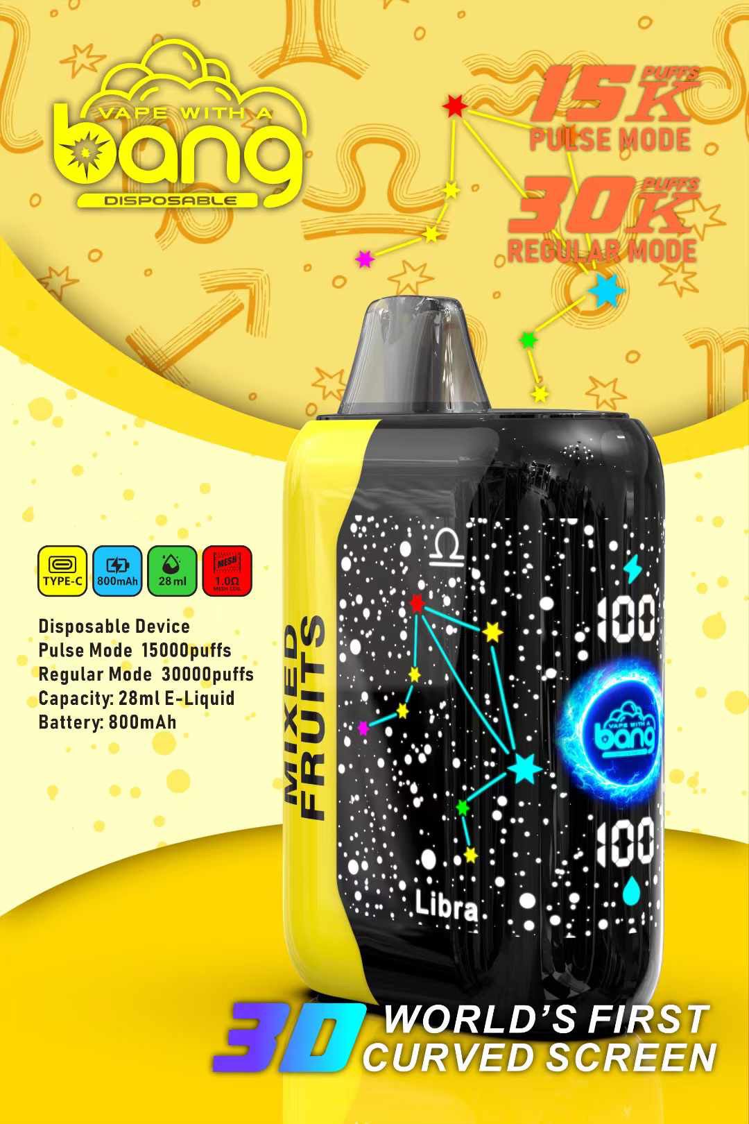 Original Bang 15K 30K Puffs Smart Screen Disposable Vape Dual Mesh Coil 28ml Fruit Flavors 800mah Electronic Cigarette Wholesale Shisha Vape Bar Waspe Vaper Box