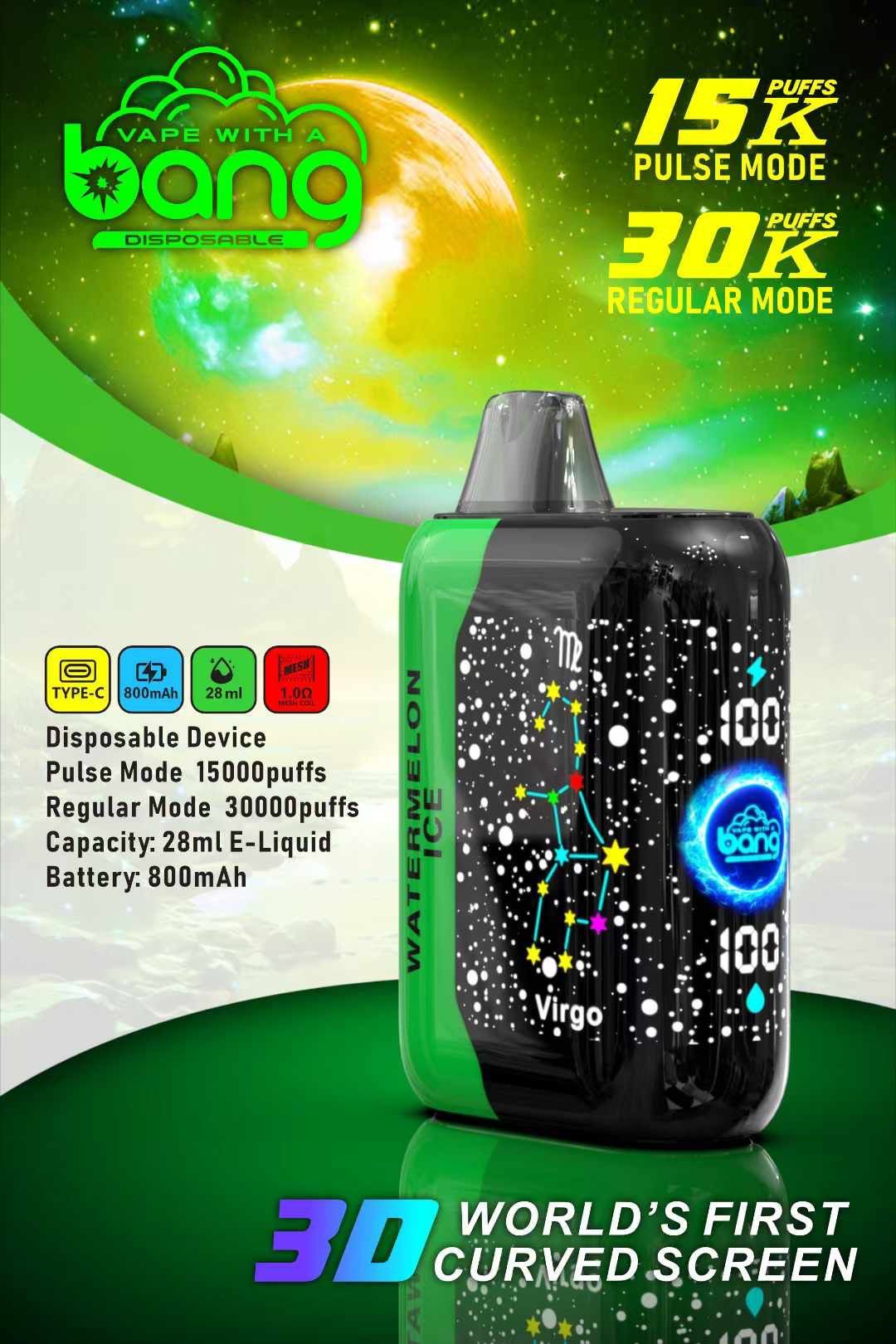 Original Bang 15K 30K Puffs Smart Screen Disposable Vape Dual Mesh Coil 28ml Fruit Flavors 800mah Electronic Cigarette Wholesale Shisha Vape Bar Waspe Vaper Box