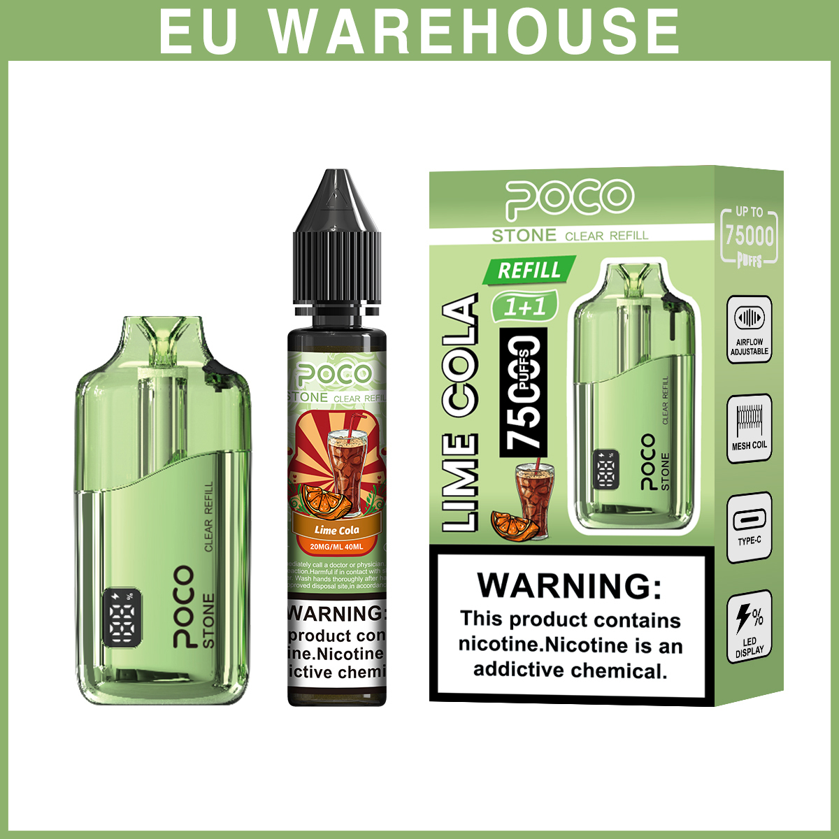 Poco Stone Vape 75000 75K Puffs Rechargeable Disposable Vape Airflow Factory 50K 60K 80K 100K 120K Electronic Cigarette Wholesale Refillable Liquid