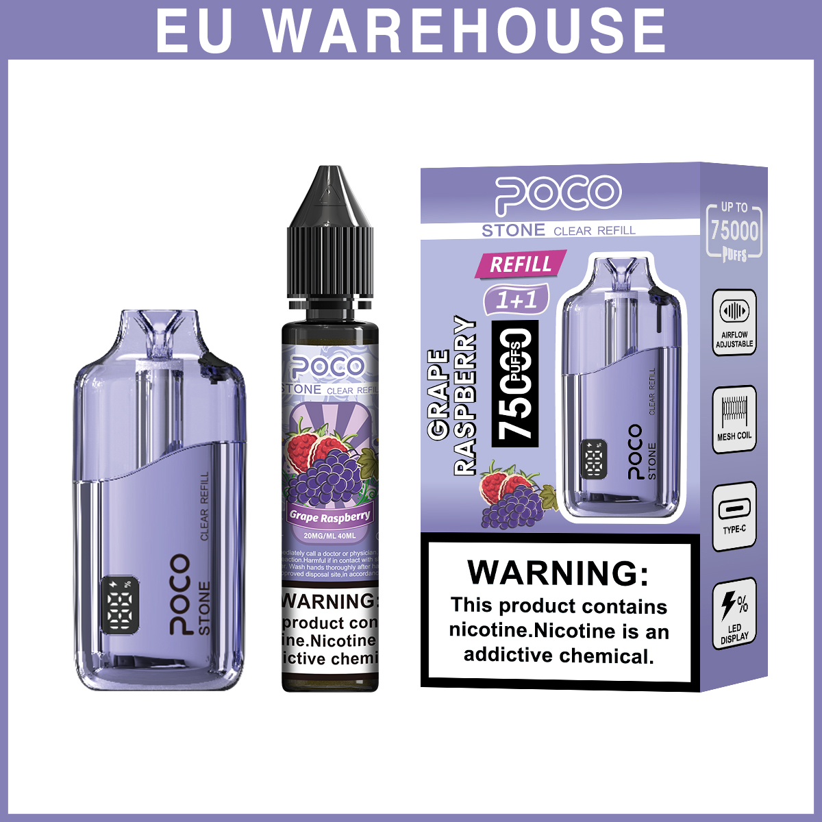 Poco Stone Vape 75000 75K Puffs Rechargeable Disposable Vape Airflow Factory 50K 60K 80K 100K 120K Electronic Cigarette Wholesale Refillable Liquid