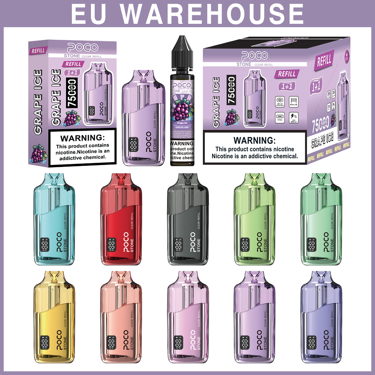 Poco Stone Vape 75000 75K Puffs Rechargeable Disposable Vape Airflow Factory 50K 60K 80K 100K 120K Electronic Cigarette Wholesale Refillable Liquid