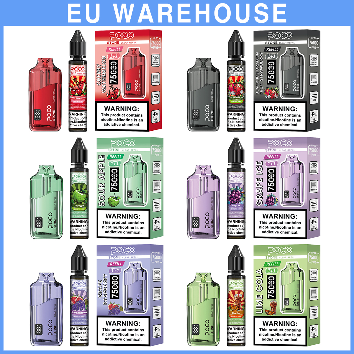 Poco Stone Vape 75000 75K Puffs Rechargeable Disposable Vape Airflow Factory 50K 60K 80K 100K 120K Electronic Cigarette Wholesale Refillable Liquid