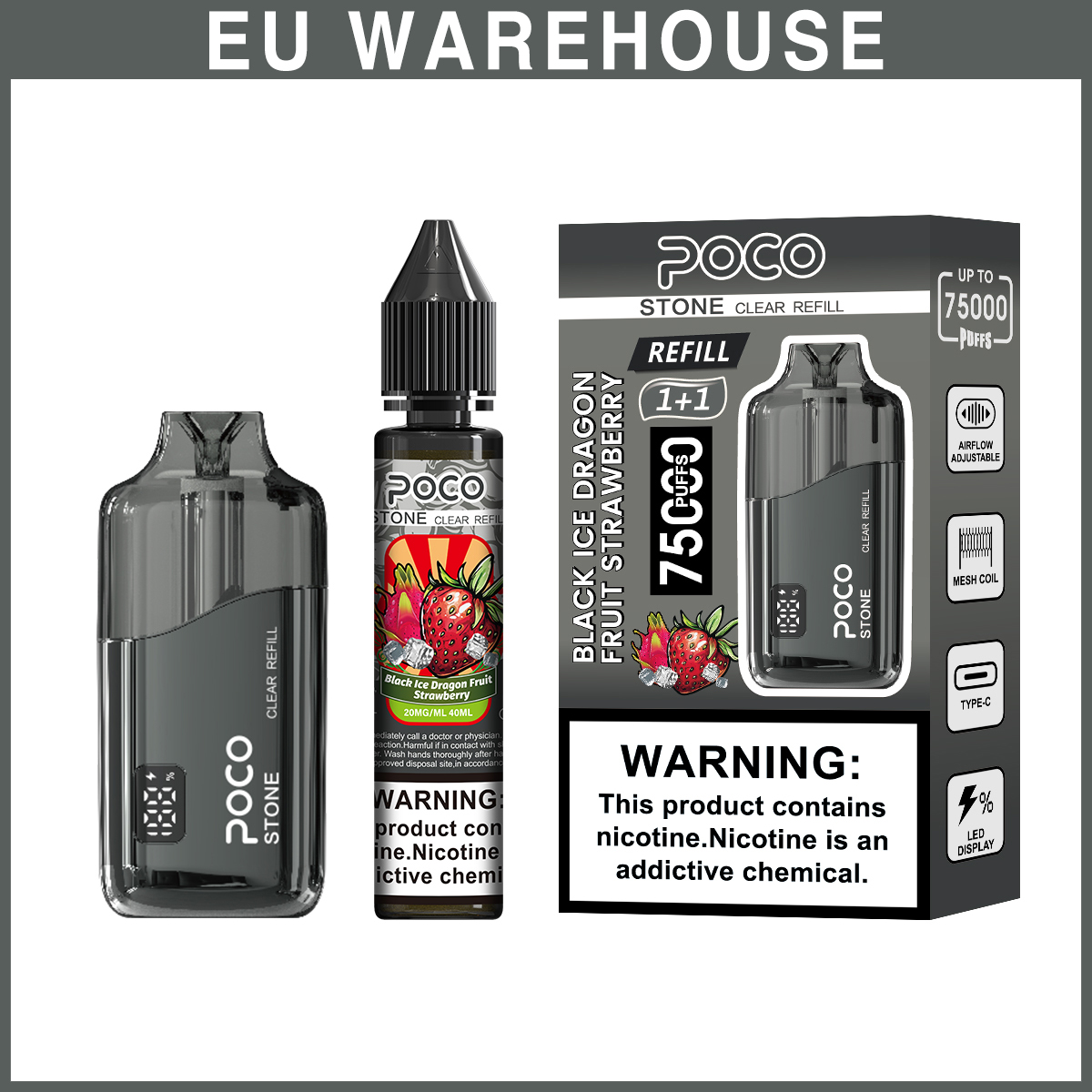 Poco Stone Vape 75000 75K Puffs Rechargeable Disposable Vape Airflow Factory 50K 60K 80K 100K 120K Electronic Cigarette Wholesale Refillable Liquid