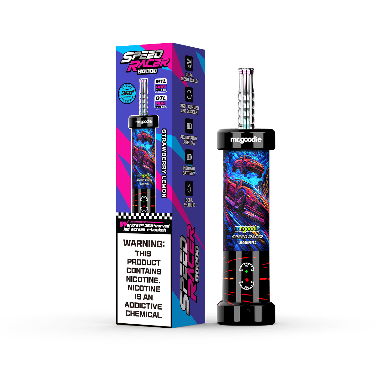 Mr.Goodie Speed Racer 80000 Puffs 80K 3D Curved LED Screen 10 Flavor 50ml E-Liquid Dual Mesh Coil Airflow Adjustable 1400mAh Battery Disposable I Vape