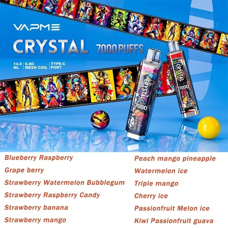 Original VAPME Crystal 7000 Disposable 600mah Vape Pen Device 7K Puffs 14ml Mesh Coil Rechargeable E Cigarettes 0% 2% 3% 5% 12 Flavors-Ecloudvaping