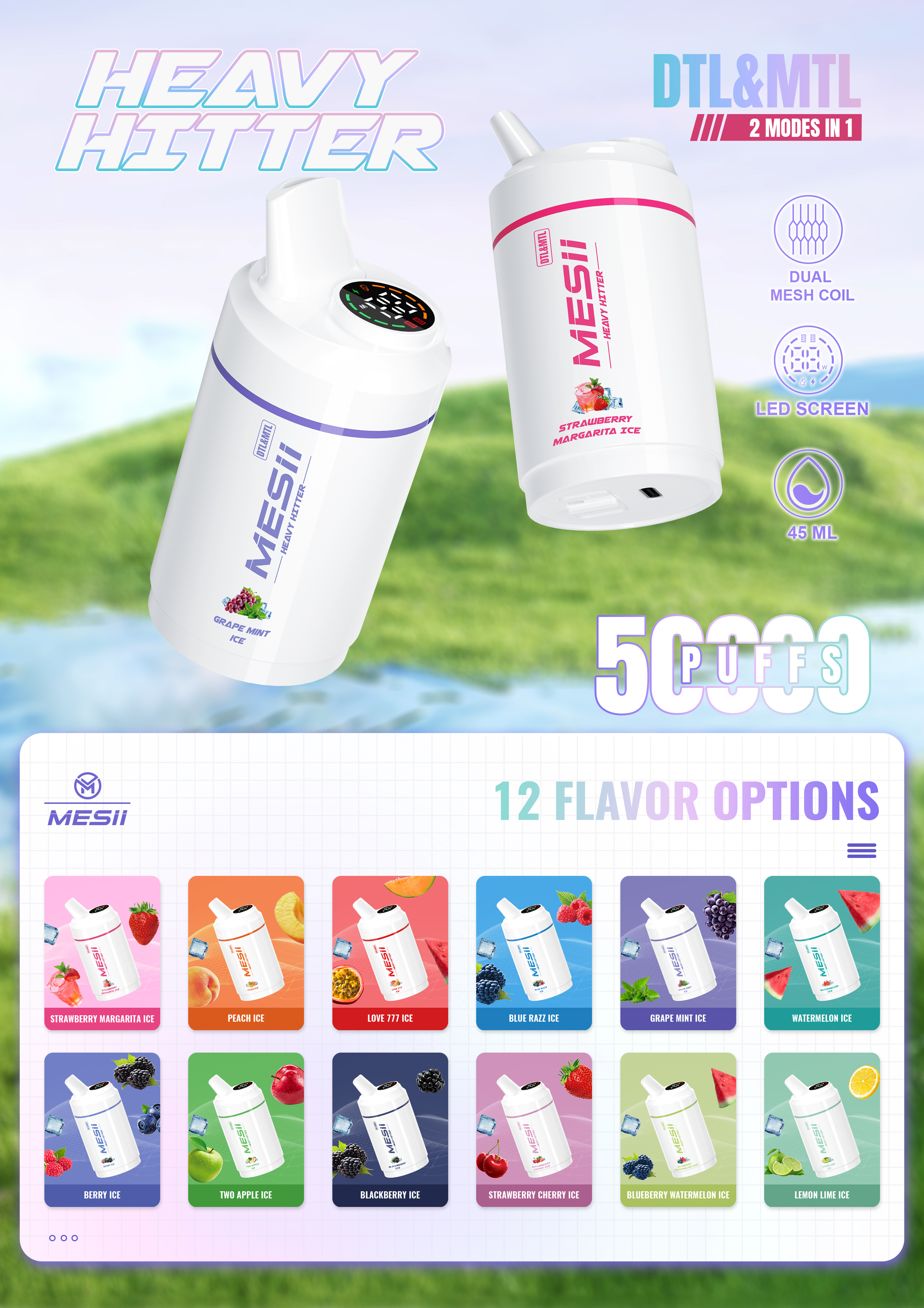 Mesii 50000 Puffs LED Display Screen Dual Mesh Coil Disposable E Cig Mesii 16000 30000 Puff Bar