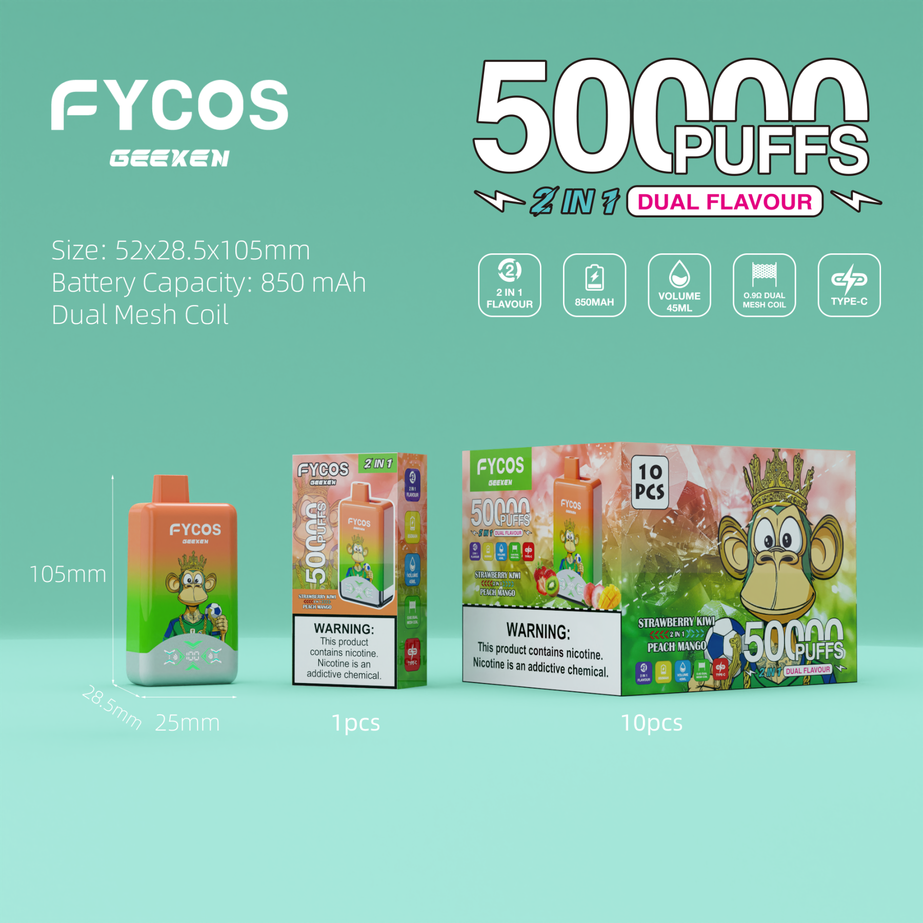 Original Factory Price High Quality Vape Fycos Dual Flavors 50000 Puffs The Best Flavors Double Flavors Vapes 2% 5%