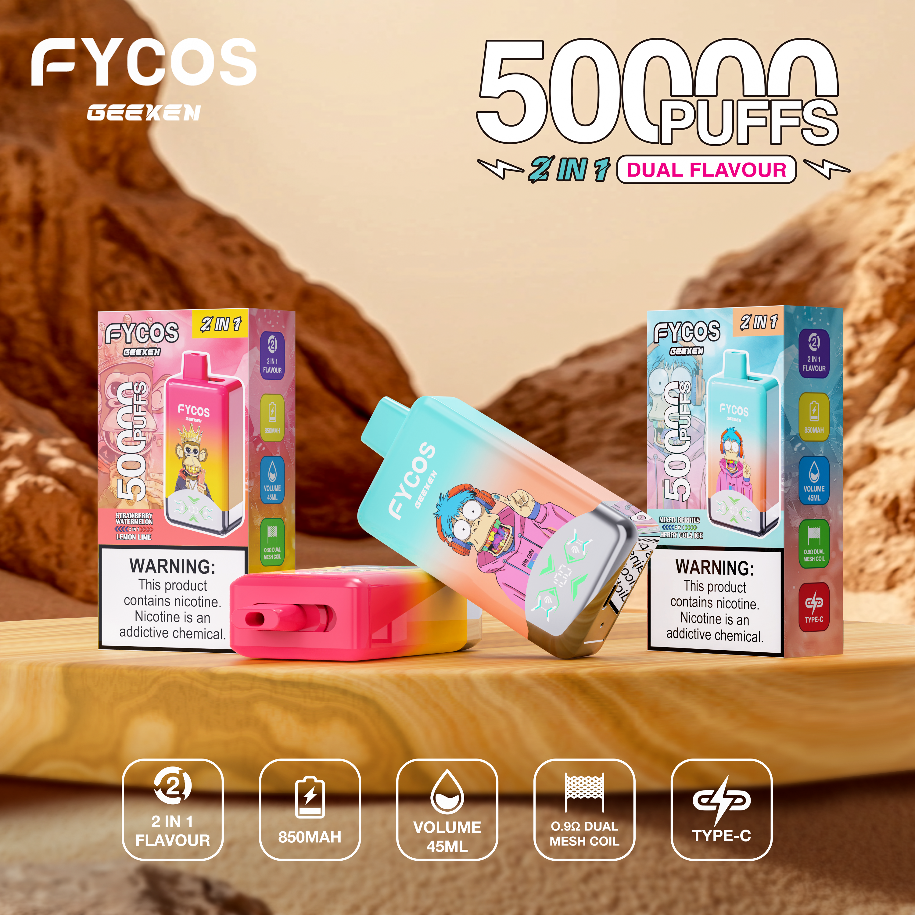 Original Factory Price High Quality Vape Fycos Dual Flavors 50000 Puffs The Best Flavors Double Flavors Vapes 2% 5%