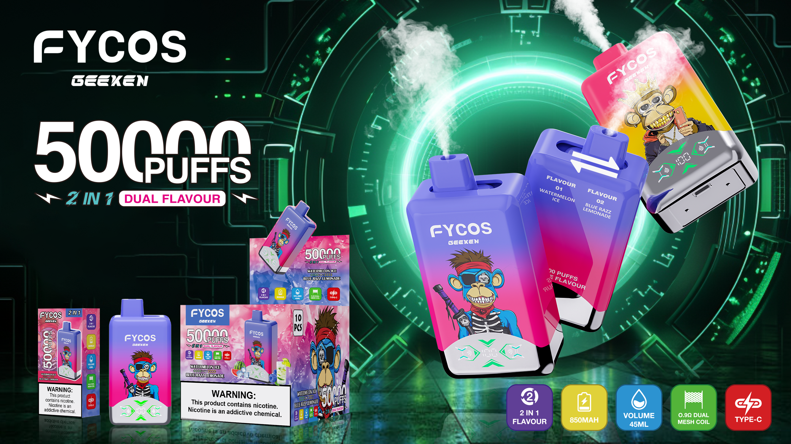 Original Factory Price High Quality Vape Fycos Dual Flavors 50000 Puffs The Best Flavors Double Flavors Vapes 2% 5%